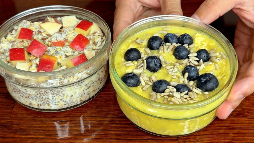 Almond Mango Overnight Oats with Chia and Blueberry Toppings